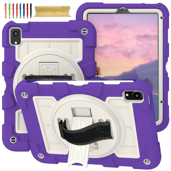Case for iPad mini 7th Generation (A17 Pro) 2024 8.3", Heavy Duty Kids Case with Kickstand & Pencil Holder & 360 Rotating Hand Strap & Crossbody Strap Case Cover for iPad mini 2024 - Purple