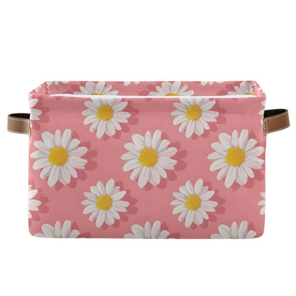 Cute White Daisy Storage Bins with Handle Fabric Organizer Basket Foldable Box 1 Pack 14.2x10.2x8.3