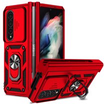 Heavy Duty Armor Case for Samsung Galaxy Z Fold 4, Rugged PC Soft TPU Military Grade Shockproof Metal Magnetic Car Mount Shockproof Cover with Camera Lens Sliding Ring Holder Bracket Case,Red