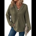 thumbnail image 3 of Sudadera con Capucha para Mujer, de Punto Gofre, Larga, Cordón Ajustable, Botones, Cuello en V, Informal, con Capucha Verde L, 3 of 8