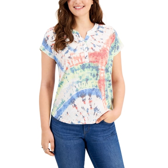 Style & Co Petite Tie Dye Henley Top Spiral Dye PXS