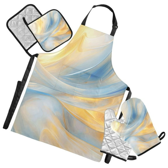 Light Blue Gold Marble 5 Pcs Kitchen Set Heat Resistant Oven Mitts and Non-Slip Pot Holders with Adjustable Cooking Apron