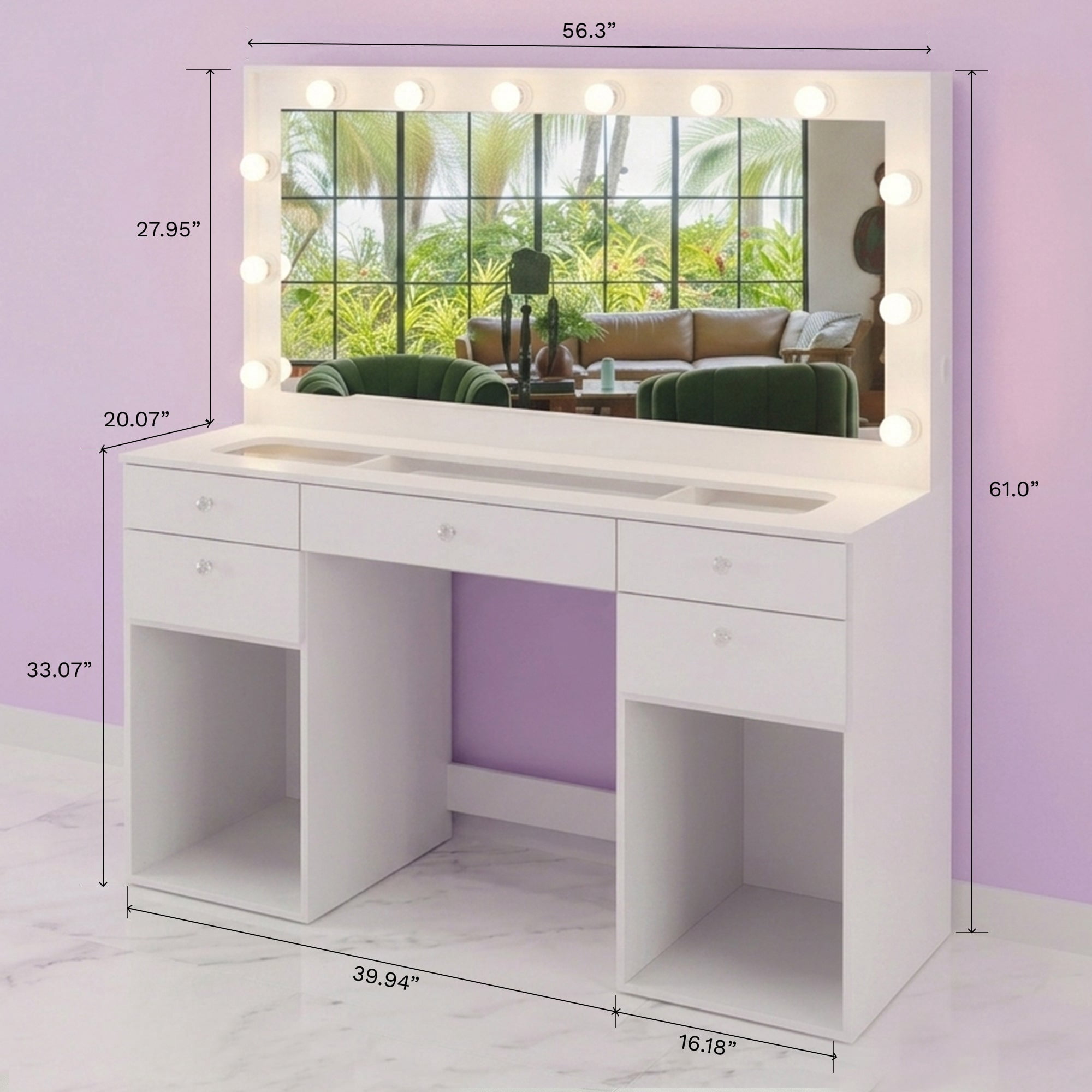 Boahaus Verona Large Vanity Desk with Mirror and Lights – Makeup Vanity Table with Storage and Power Outlet for Adults