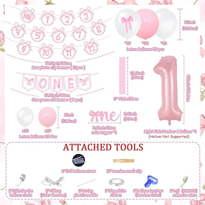 Pink Bow 1st Birthday Party Decorations Pink Bow Balloon Arch Kit Bowknot Happy Birthday Banner Photo Banner Cake Topper Cupcake Topper High Chair Banner for Girls First Birthday Party Supplies