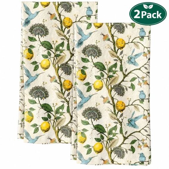 Flour Sack Kitchen Towels Set of 2, 18x26 Reusable Tea Towels with Hanging Loop, Absorbent Hanging Hand Towels, Cute Lemon Birds Home Decor