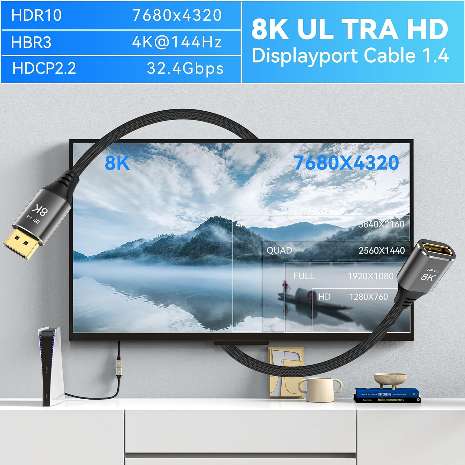 JJEAN-8K DisplayPort Extension Cable 6Feet, DisplayPort 1.4 Male to Female Extension Cable, Braided DP to DP Extended Cord, Supports 8K@60Hz,4K@120Hz (Grey, 6 Ft)