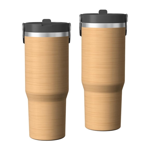 30oz Tumbler with Handle, Insulated Stainless Steel Cup with Flip Straw Lid, Leak-Proof & Cup Holder Friendly for Travel and Sports ,Wood Print