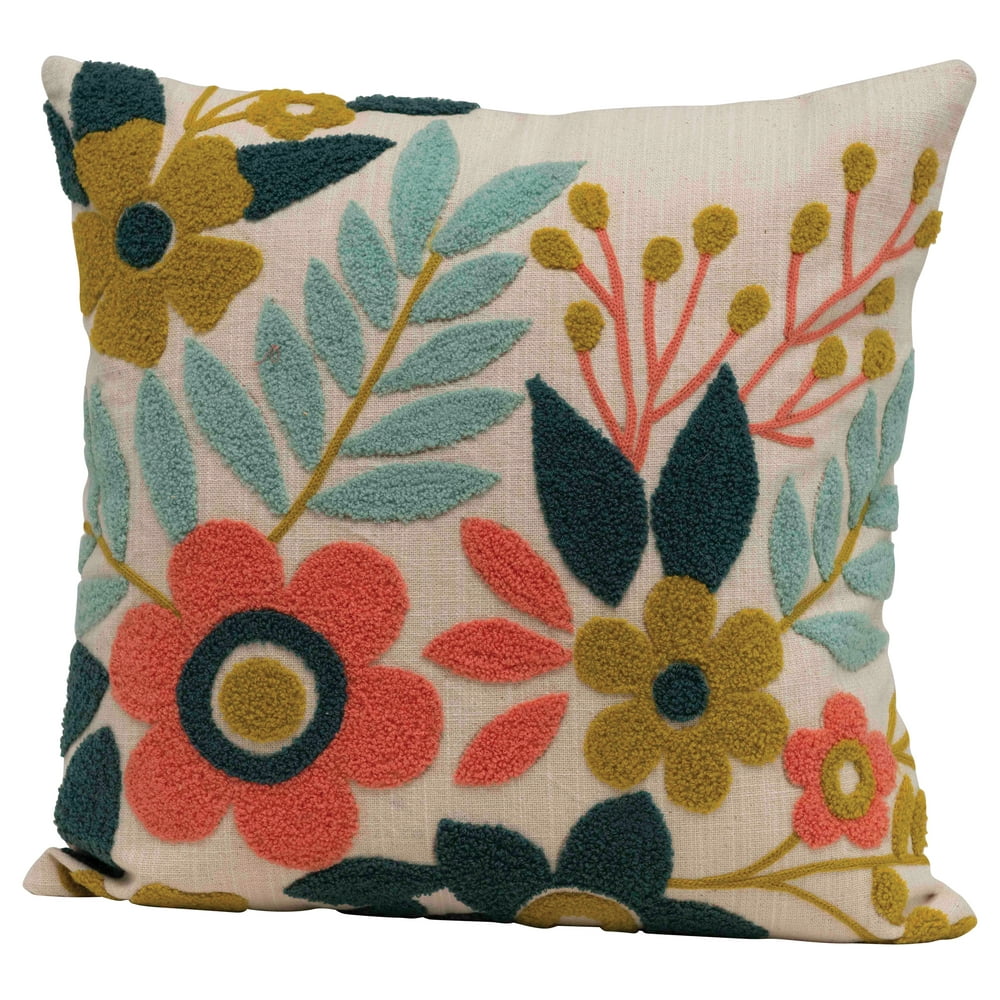 Creative CoOp Square Floral Embroidered Cotton Pillow