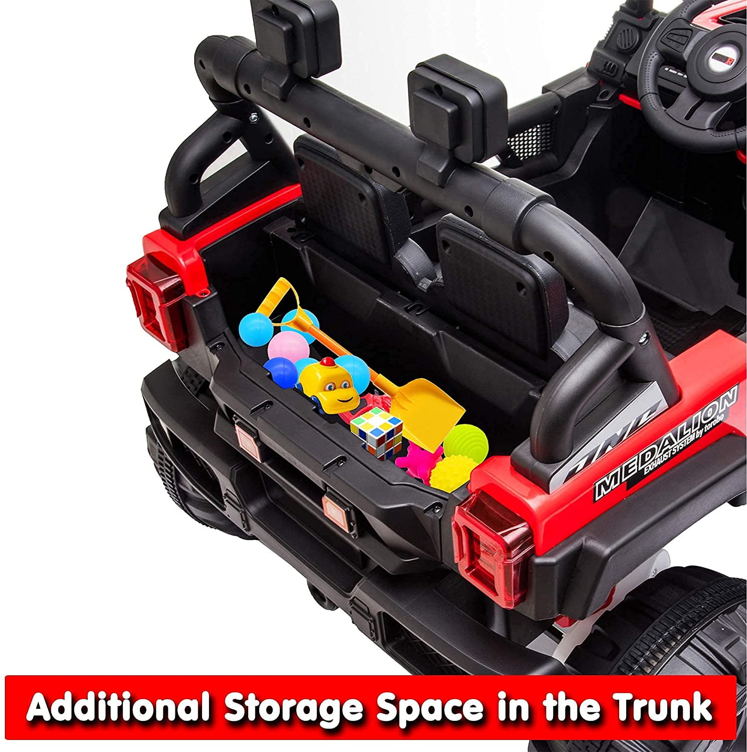 Bluetooth Powered Ride on Toy Car with Large Seat Red Electric Vehicles Kids Car with Wheels Suspension LED Lights Music sopbost 12V Ride on Car for Kids Ride On Truck with Remote Control 