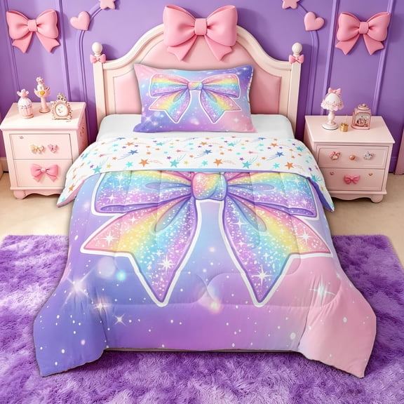 spefrowx Sparkly Rainbow Bow Twin Comforter Sets for Teens, Dreamy Glitter Star Print Bedding Set, Stars Reversible, 2-Piece, 1 Comforter and 1 Pillowcase