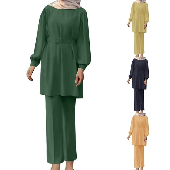 WRKEKC Women Outfits Sets, Womens Sets 2 Piece Outfits, Ladies' Trendy Muslim Fall Solid Color Shirt Long Sleeve Shirt and Straight Leg Pants Two Piece Sets