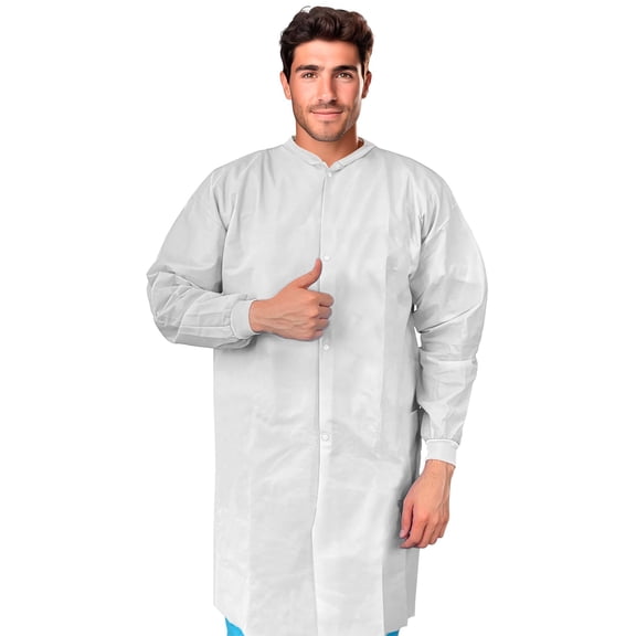 White Microporous Disposable Lab Coat, 3X-Large, Snap Closure, Knit Cuffs, 10 count