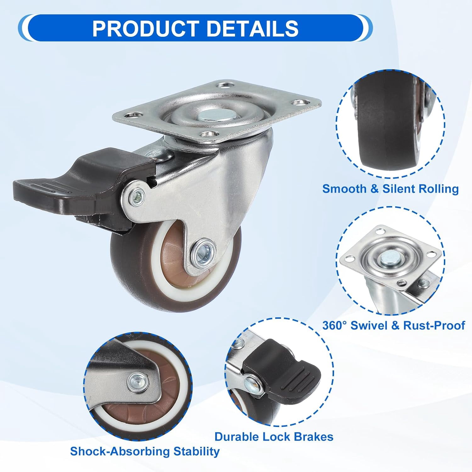 FRKSMD-1.3 Inch Caster Wheels, Set of 4 Plate Casters Heavy Duty TPR Locking Swivel Caster with Brake 44 Lbs for Furniture Cart Workbench Equipment, Brown