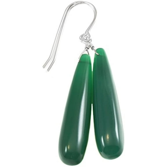 Sterling Silver Green Onyx Earrings Long Smooth Narrow Rounded Teardrops Briolette Dangle Drops, 2" Designed for Adult Women