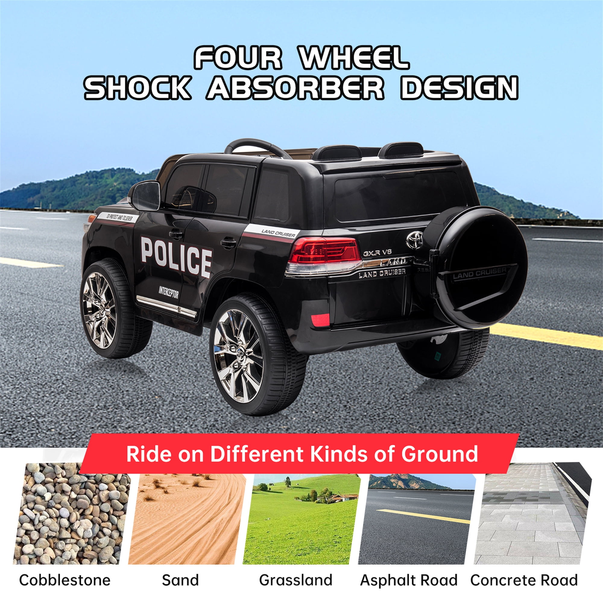 Kids Ride-On Car 2 Seaters, 12V Licensed Toyota Land Cruiser Electric SUV Police Car Battery Powered Toy Truck with Remote Control,2 Motors, 3 Speeds, Music, Horn, LED Lights