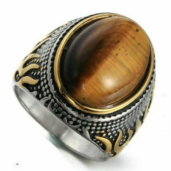 QQTDFG Mens Stainless Steel Gold Natural Oval Tiger Eye Stone Ring Men Size 7-15 Gift-8