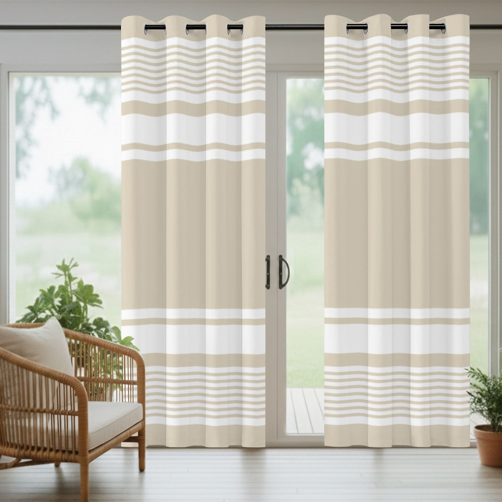 Farmhouse Beige Striped Outdoor Curtains for Patio, Modern Minimalist Stripes Abstract Sunshade Privacy Drapes Grommet Waterproof Outside Curtains for Porch/Cabana/Balcony 54"x 108", 1 Panel