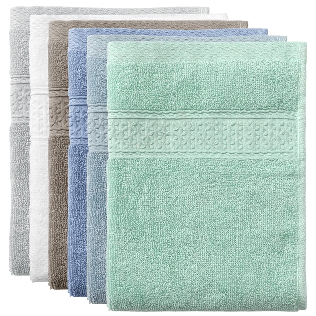 juego de 6 toallas de cocina de algodón, multicolor Paquete de seis toallas 13 x 13 pulgadas en colores pastel apiladas en vista frontal, toalla superior verde menta con tejido de rizo grueso, banda decorativa tejida y bordes reforzados. 100% algodón, altamente absorbentes y lavables a máquina; también suelen usarse para secar vajilla.