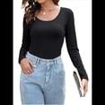 thumbnail image 2 of Camiseta de Cuello en U para Mujer, Camiseta de Larga de Color Liso, Suave, Elástica, Ropa Informal, Básica Negro XXL, 2 of 9