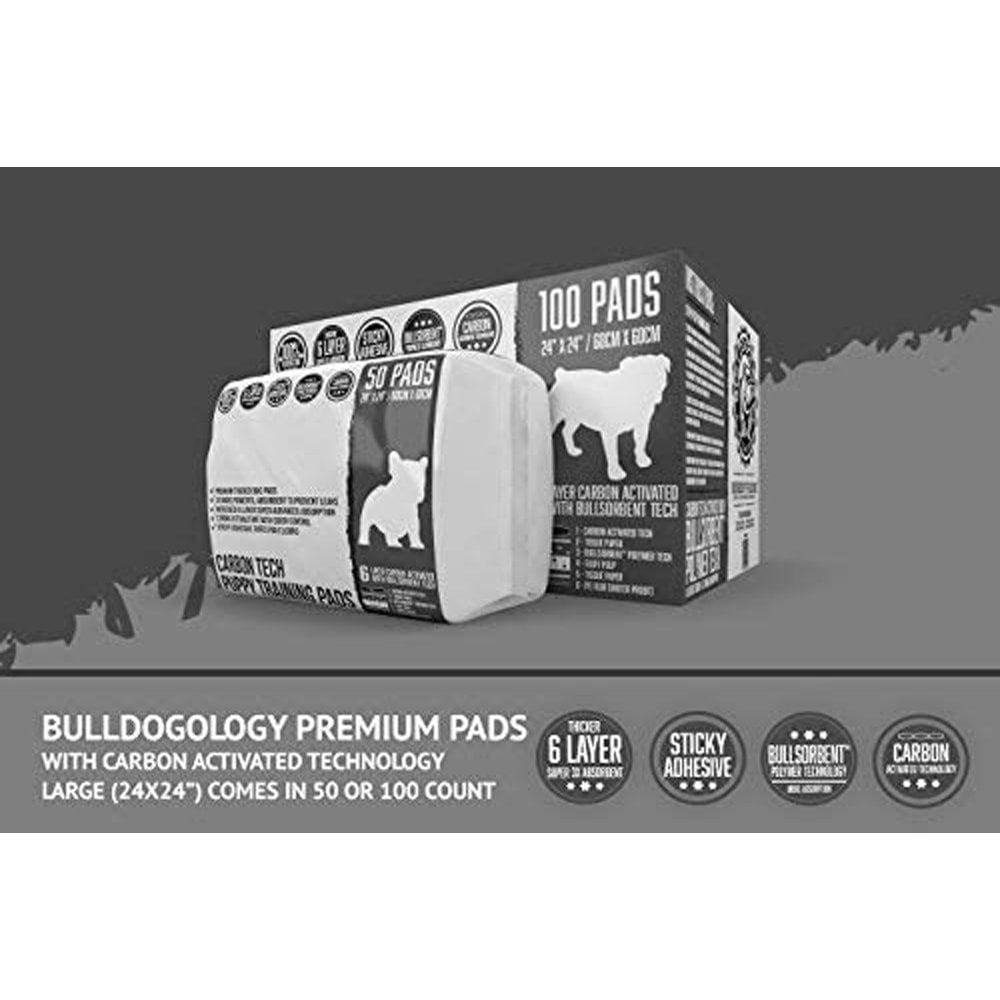 Bulldogology Puppy Pee Pads, Carbon Activated Charcoal, Large 24x24, 6 Layers, Quick-Dry Polymer, Adhesive Tape