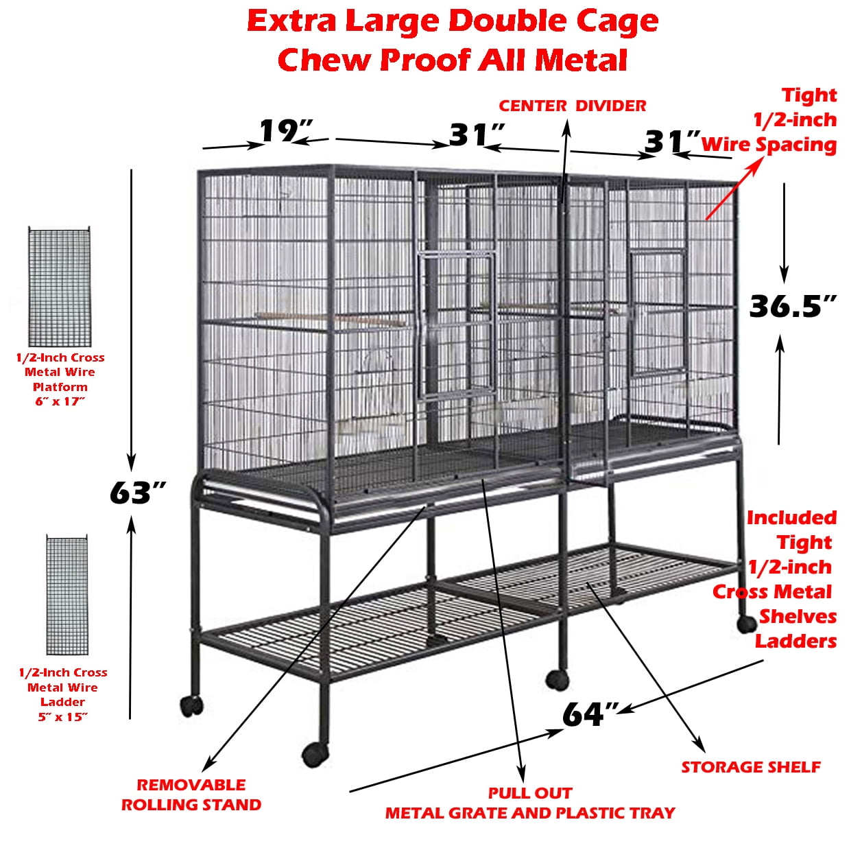 X-LARGE Double 4-Level Center Divider Small Animal Critter Hamster House Guinea Pig Habitat Mouse Rats Rolling Cage Tight 1/2-inch Wire Spacing for Ferret Chinchilla Sugar Glider Mice Hedgehog Gerbil