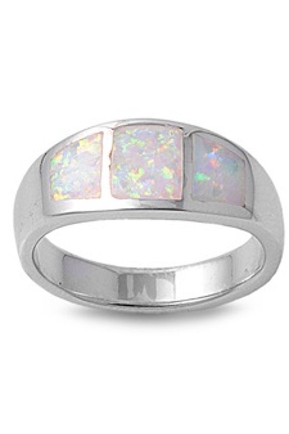 Tri Stones Center White Simulated Opal Ring Sterling Silver Size 7