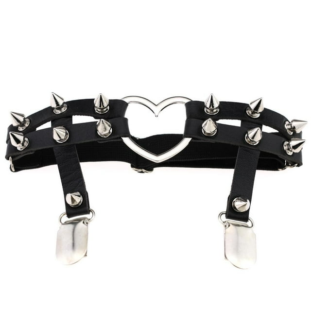 Braveheart 1x Women Leather Double Strap Heart Garter Elastic Rivet Stud Leg Garter Belt