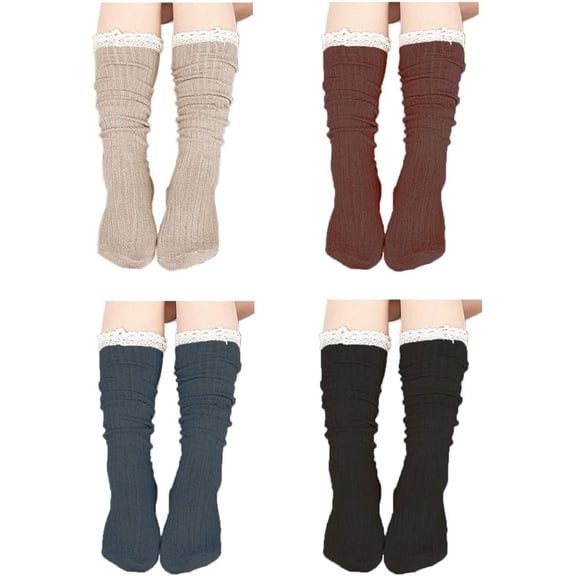 QIANJIA 4 Pack Women Cotton Knit Boot Socks Knee High Socks Stockings with Lace Trim (Beige, Dark Grey, Black, Brown)