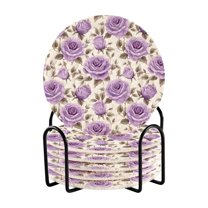 6 Pcs Purple Rose Flowers Drink Coasters with Holder Absorbent Coaster Sets Cup Heat-Resistant Hot Pads Mats for Bar Table Protection