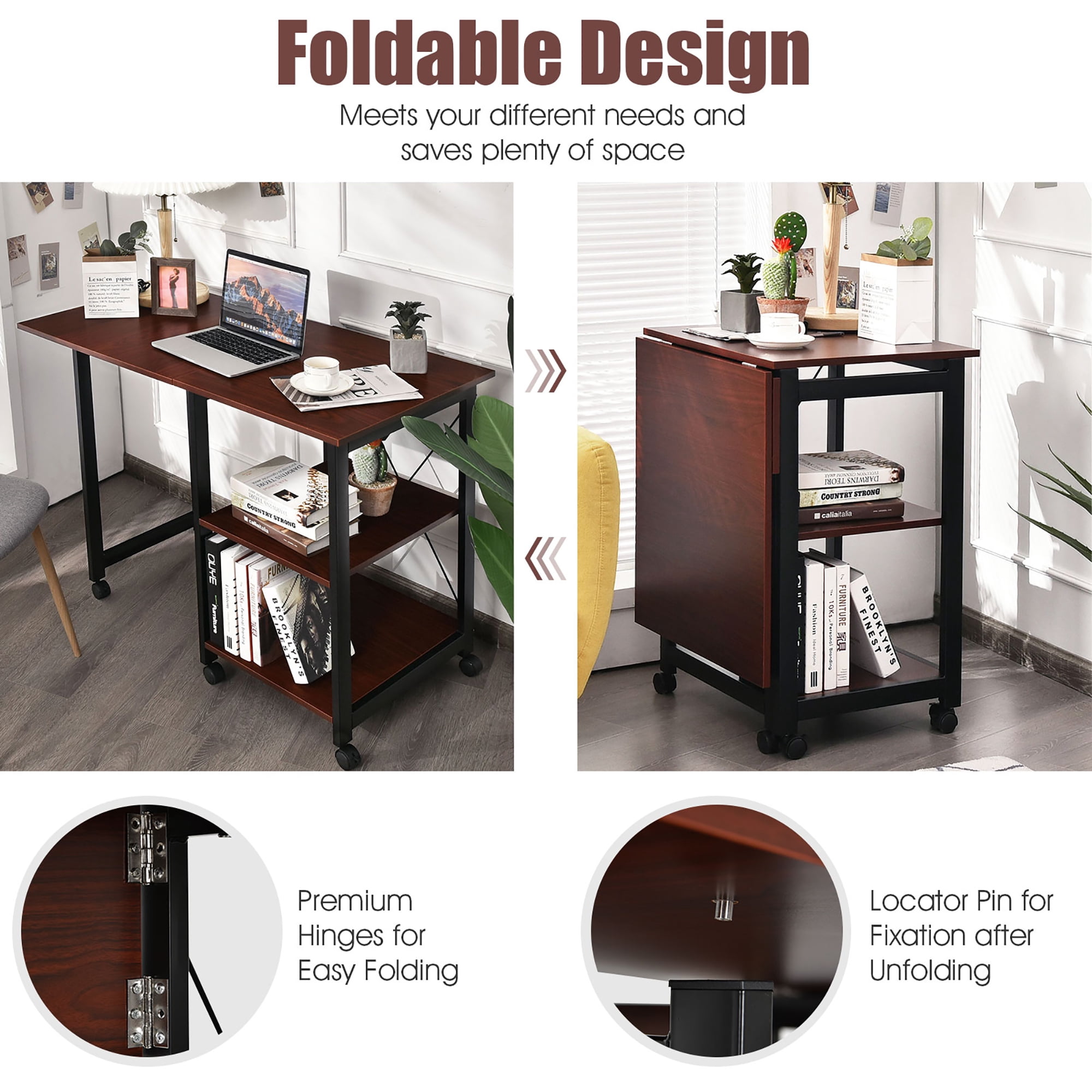 Costway Rolling Computer Desk Folding Writing Office Desk w/ Storage Shelves
