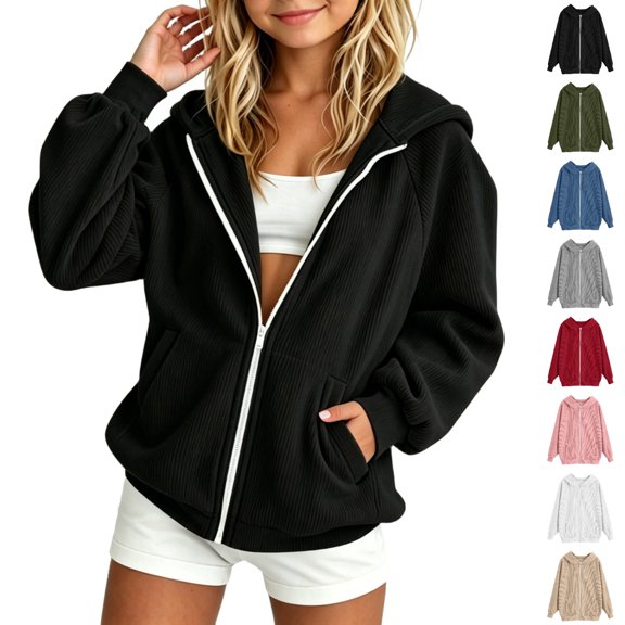 Bmisegm Girls Hoodie Solid Zip up Hooded Jacket Long Sleeve Casual 3-15 Years Girls Sweatshirt Black 11-13 Years