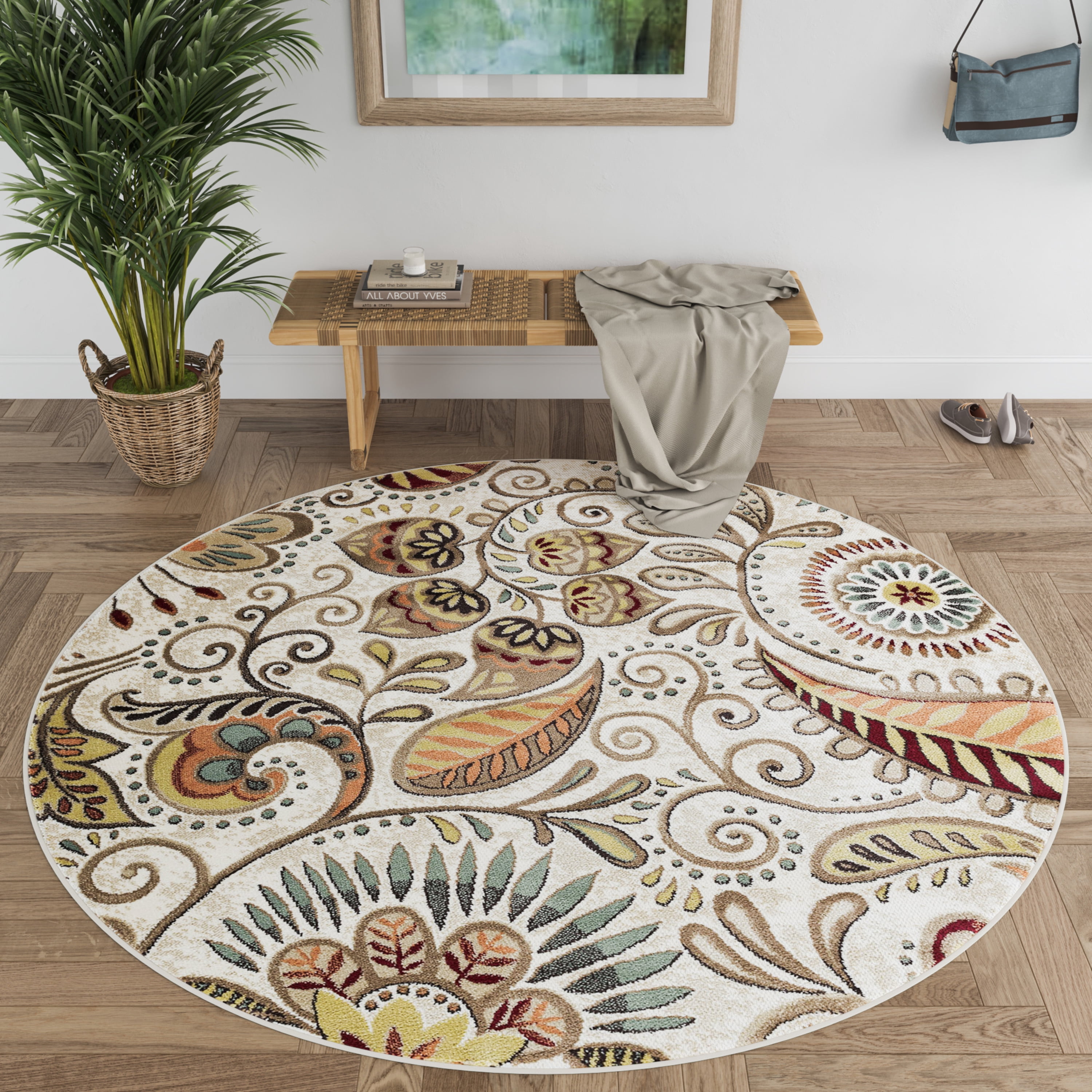 Capri Transitional 5' Round Ivory and Beige Polypropylene Indoor Area Rug