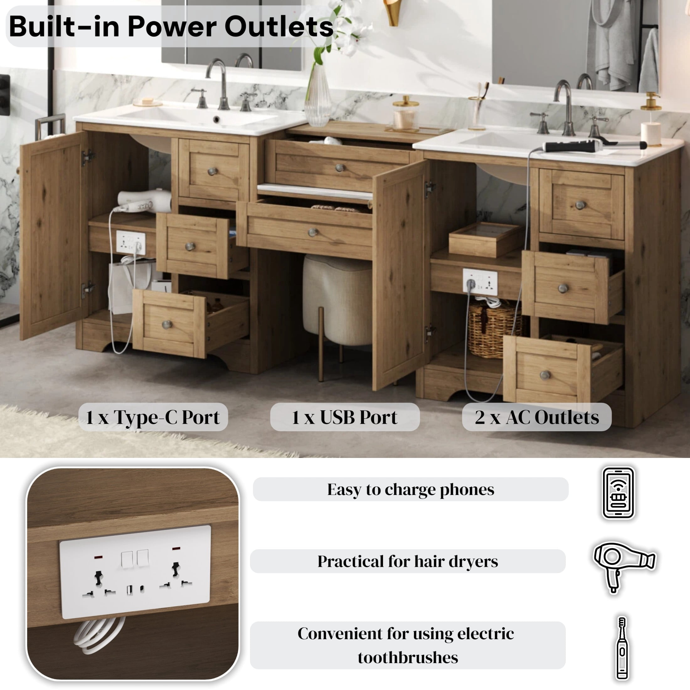 Christopher Knight Home 84" Large Double Sink Bathroom Vanity with Drawers Soft-Close Storage Cabinet, Wood