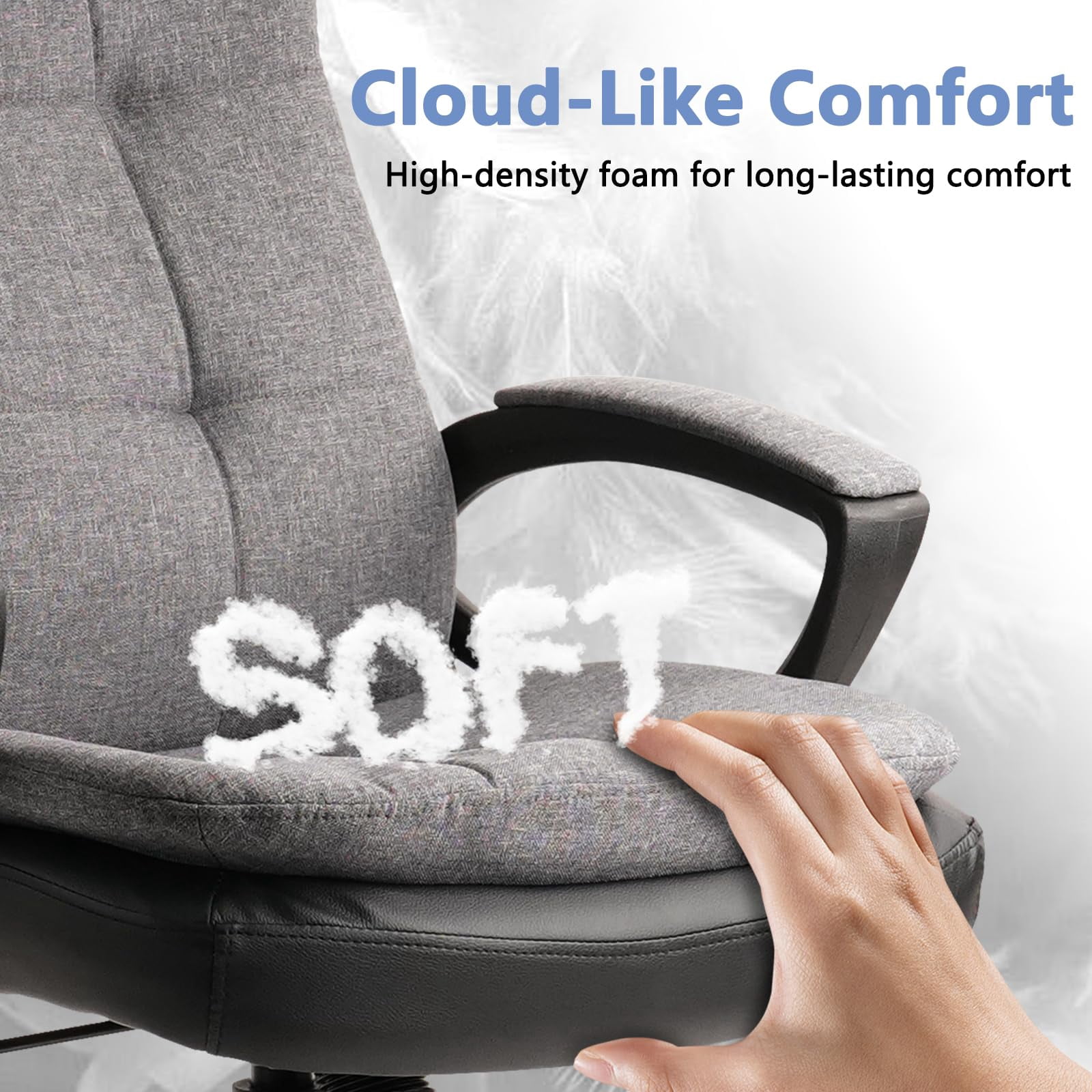 CLATINA Cloth Fabric Office Chair, 360° Swivel Rolling Desk Chair with Soft Upholstered Support Backrest, Adjustable Height Mid Back Ergonomic Computer Task Chairs with Arms and Wheels, Grey, 300LBS