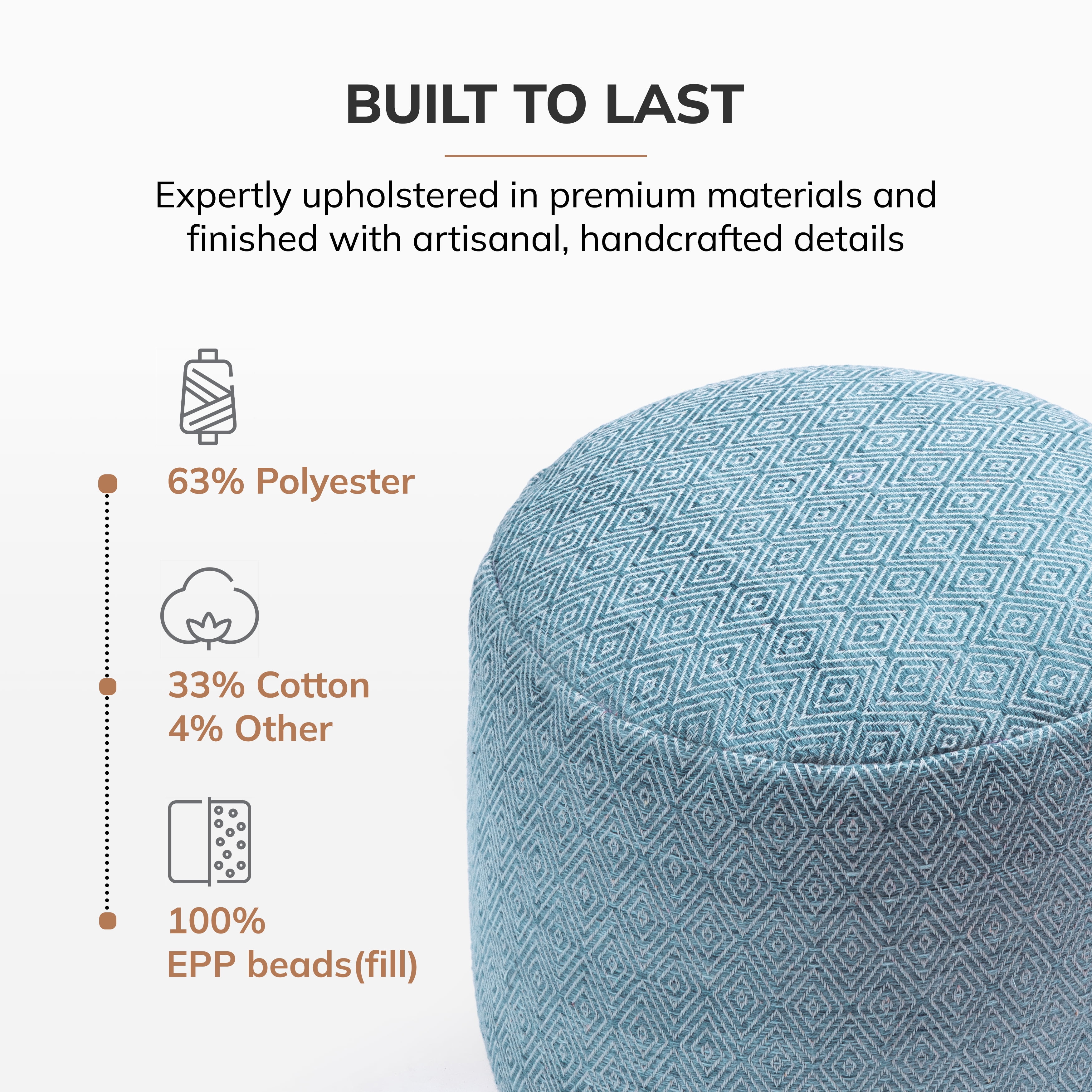 Anji Mountain Pouf Ottoman Foot Rest, Handmade Ottoman Pouf, Comfortable Foot Stool, Decorative Floor Seating for Living Room Decor, Bedroom & Home Décor Accent - Blue