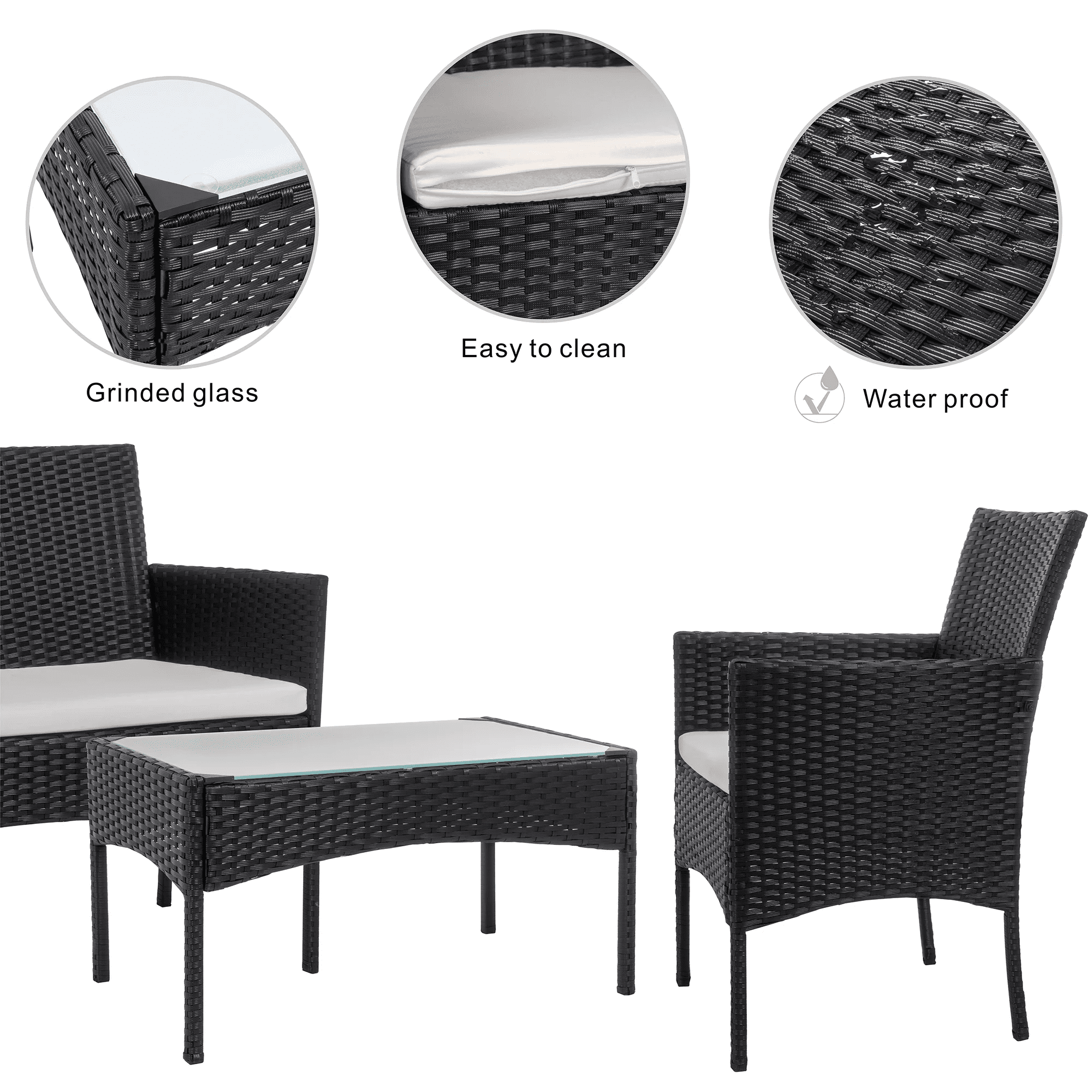 Walsunny 4-Piece Patio Rattan Furniture Set with Cushions & Tempered Glass Tabletop, White
