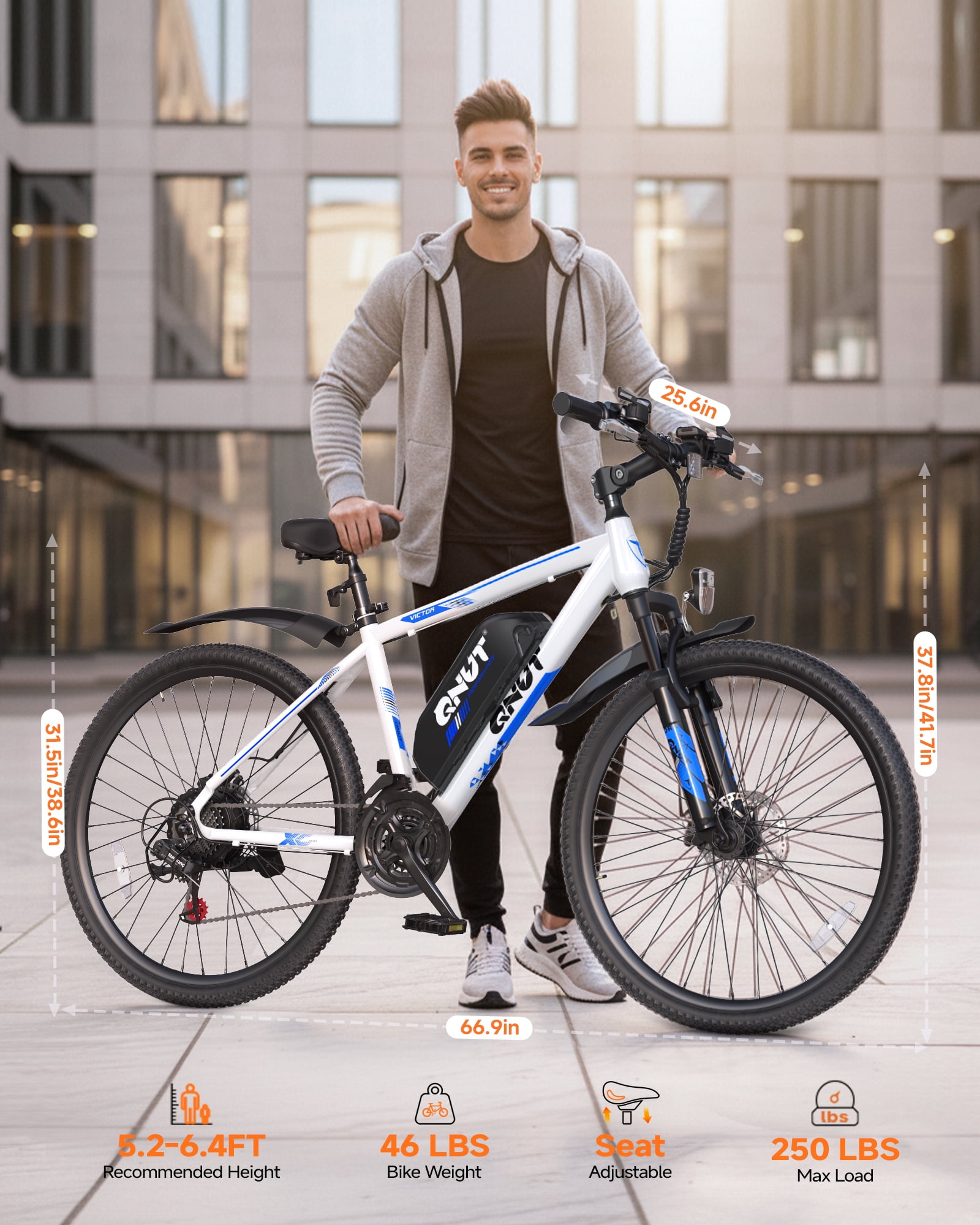 QNUT Full Aluminum Electric Bike for Adults & Teens, Peak 750W, Upgraded Adjustable Handlebars, 21-Speed Commuter E-Bike with Dual Disc Brakes, 40-Mile Range, for mountain & Commuter (Blue-White)