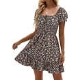 thumbnail image 2 of Square Neck Womens Boho Floral Smocked Short Sleeve Ruffle Beach Summer Mini Dress, 2 of 5