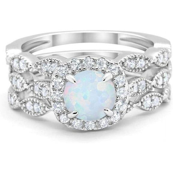 NYS Jewellrs 14K White Gold Plated 2.40 Ct Round Cut Fire Opal & White Diamond Engagement Bridal Ring Set For Women's 925 Sterling Silver -5.5