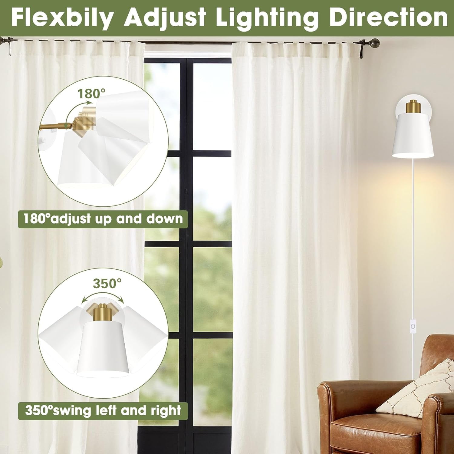 Plug in Dimmer  Wall Sconces Swing Arm Light Fixtures Wall lamps with 5.45ft Plug in Cord Dimmer Knob Switch E26 Base for Bedroom Bathroom Kitchen (2 Bulbs Included)