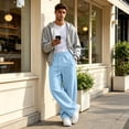 thumbnail image 6 of Men's Baggy Sweatpants Drawstring Waist Wide Leg Pants Loose Fit Casual Streetwear Fall Winter Trousers with Pockets Light Blue L, 6 of 6