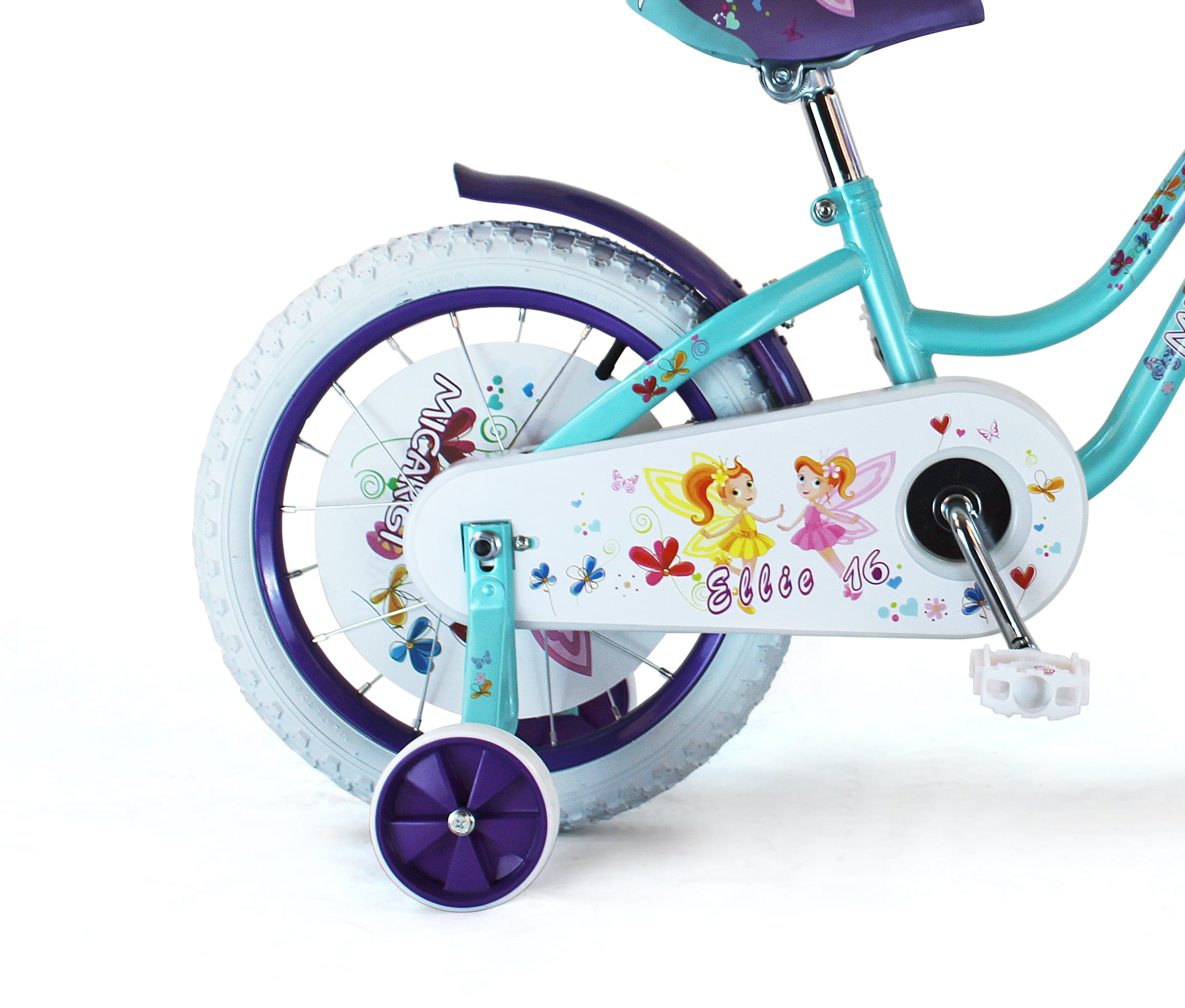 PlayWorld 16" Cruiser Steel Frame Bicycle Coaster Brake One Piece Crank, White Full cover Chain cover, Purple Baskets, Fenders & Rims, White Tire, Frame Kid's Bike - Baby Blue/Purple