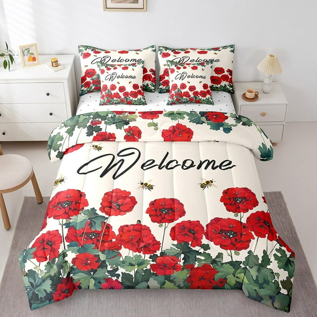 Red Farmhouse Flower Bedding Set King Spring Bee Geranium 7 Piece Bed In A Bag Rustic Blossom Floral Comforter Set Green Leaf Bed Set With Comforter,Sheets Pillow Case And Covers