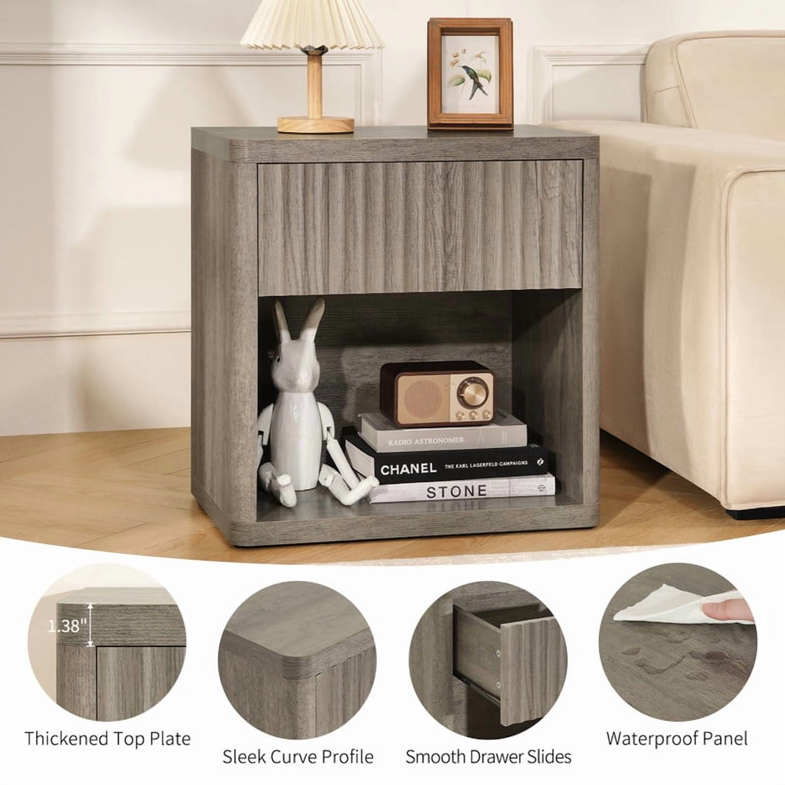 Fluted Nightstand with Drawer, Bedside Tables with Open Storage, Large Wood Night Stand for Bedroom Living Room, Grey