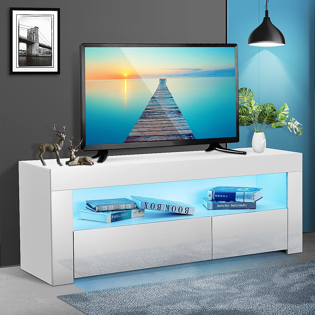 47" TV Stand High Gloss TV with 16 Color LEDs, 2 Drawer