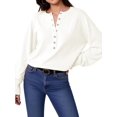 thumbnail image 2 of Women Henley Neck Half Button Drop Shoulder Loose Long Sleeve Knit Pullover Sweater Cream White XL, 2 of 9
