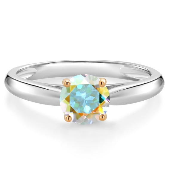 Gem Stone King 1.00 Ct Round Mercury Mist Mystic Topaz 10K White and Yellow Gold Solitaire Engagement Ring (Size 9)