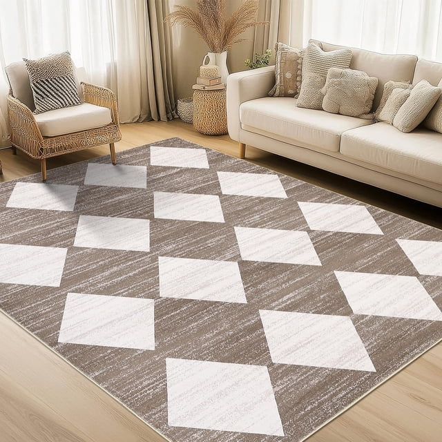 Washable Area Rug 5x7ft – Soft Non-Slip Low Pile Carpet with Modern Checkered Design, Neutral Brown Tone – Stain-Resistant Rug for Living Room, Bedroom and Office Use