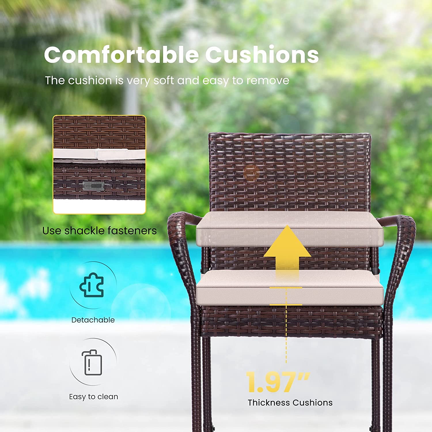 SPECSTAR Outdoor Wicker Bar stools Chair with Armrests and Cushions, 2-Packs Set