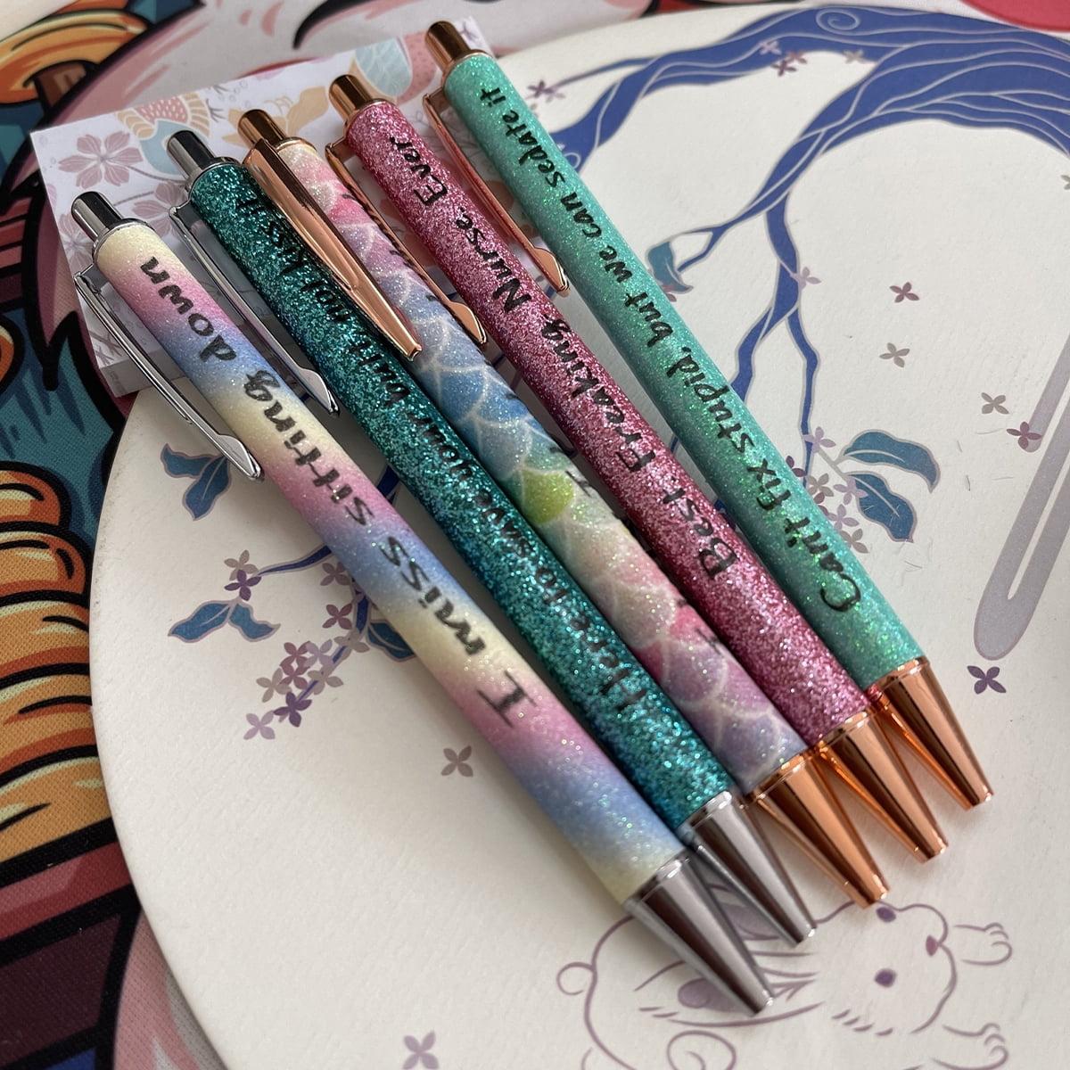 Funny Weekday + Work Glitter Metal Pens - 9 pieces - Beware - offensive  language